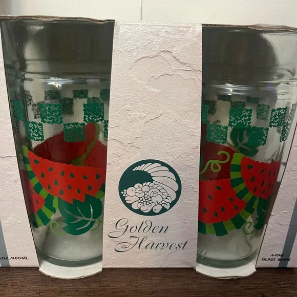 Set of 16 Vintage Anchor Hocking Golden Harvest Glass Tumblers-Watermelon Design - Picture 3 of 4